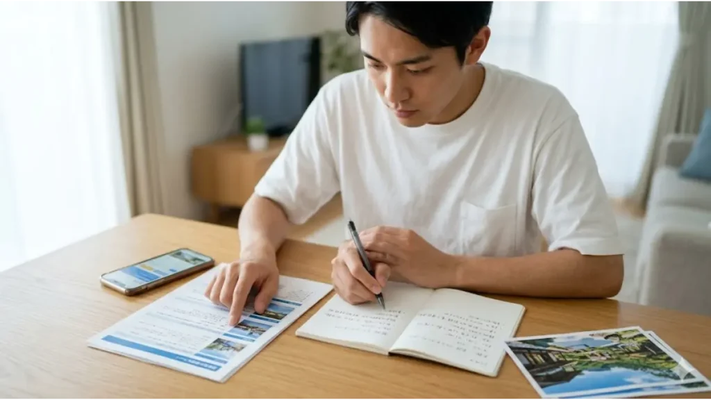 リゾートバイトの寮費無料に関する求人票を真剣に見比べ、不安と期待をノートに書き出す日本人求職者の手元と表情。現場のリアルを感じさせる誠実な構図。