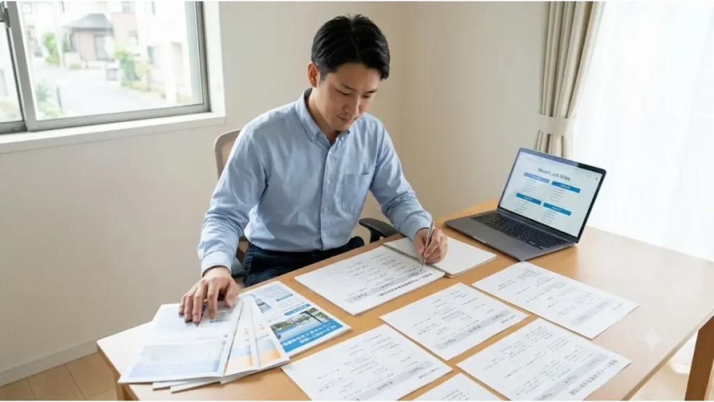 リゾートバイト派遣会社の比較表と各社のパンフレットを真剣に見比べ、選び方の基準を検討する誠実な日本人男性の様子
