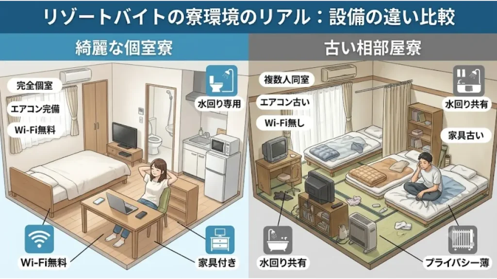 リゾートバイト沖縄の現場における、Wi-Fiや水回りが完備された綺麗なワンルーム個室寮と、設備が古くプライバシーが薄い相部屋寮の環境・設備の違いを分かりやすく比較した解説図解。