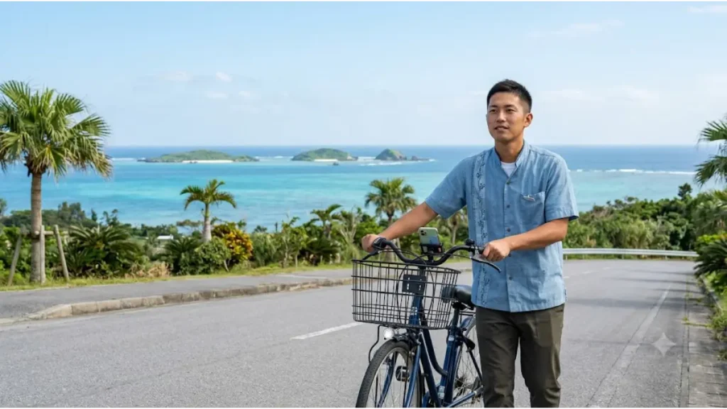 リゾートバイト沖縄の生活において、車なしでも自転車と地図アプリを活用して絶景スポットまでスムーズに移動し、景色を楽しむスタッフのリアルな様子。