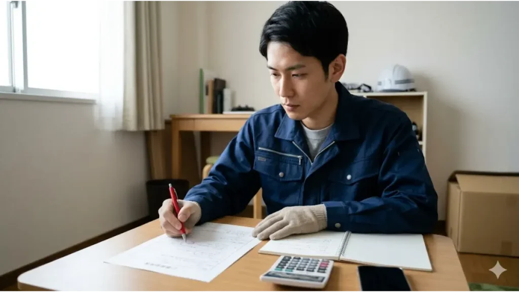 寮費無料の求人票に怪しいサインがないか、真剣な表情でチェックポイントを赤ペンで囲む誠実そうな日本人男性の様子