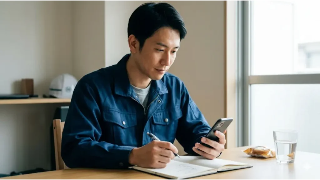 寮費無料の求人面接に向けて、スマートフォンで確認用コピペテンプレートを見ながら、真剣な表情でメモを取る誠実そうな日本人男性の様子