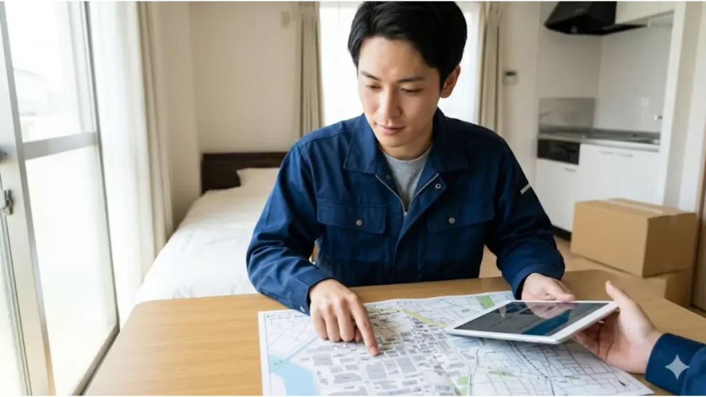 寮費無料の求人で提供される、清潔で整理整頓された社宅アパートの室内で、地図と資料を確認する誠実そうな日本人男性従業員