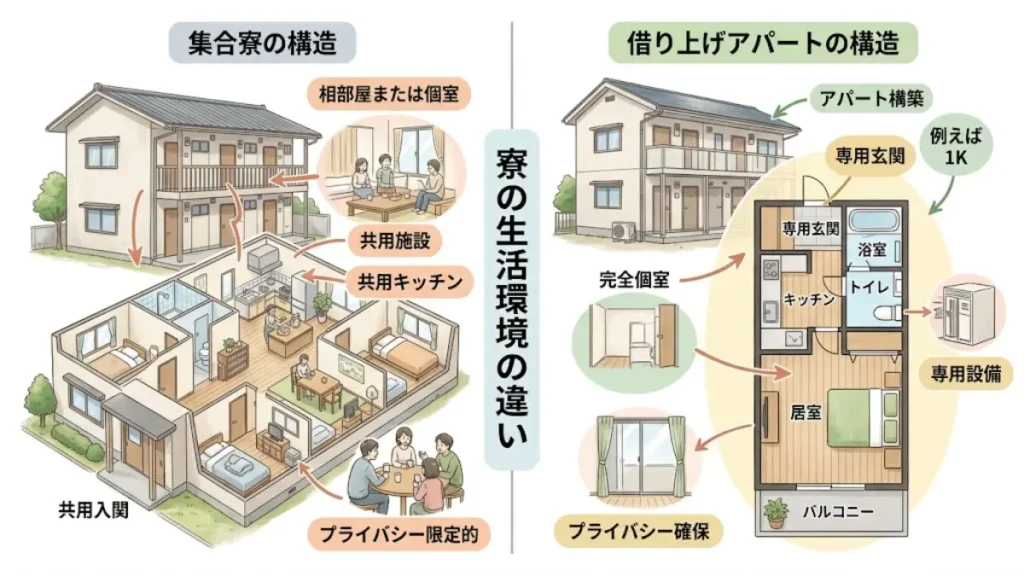 集合寮と借り上げアパートの構造の違いを、共用エリアとプライベートエリアの配置で説明する、清潔で誠実な生活環境の図解