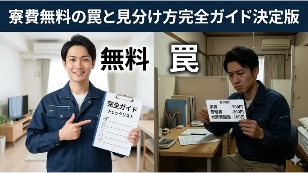 寮費無料の罠と見分け方を、光と影の対比、誠実な作業員、チェックリスト付きガイド、給与明細で説明したアイキャッチ画像