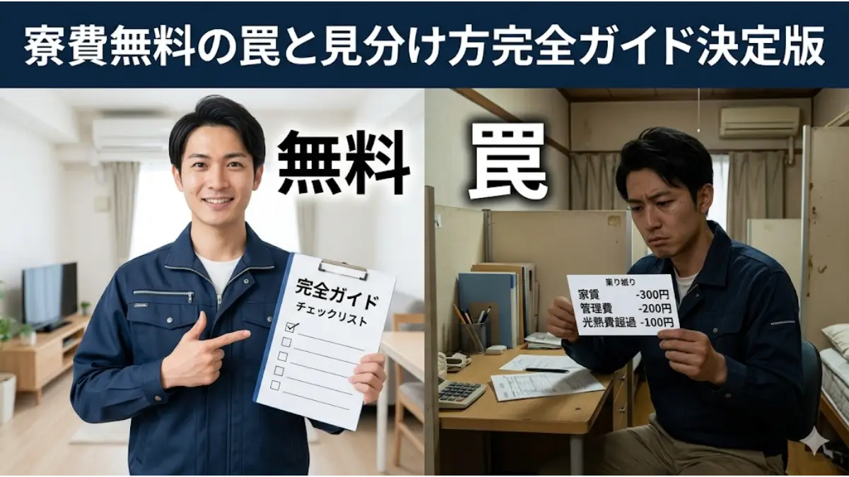 寮費無料の罠と見分け方を、光と影の対比、誠実な作業員、チェックリスト付きガイド、給与明細で説明したアイキャッチ画像