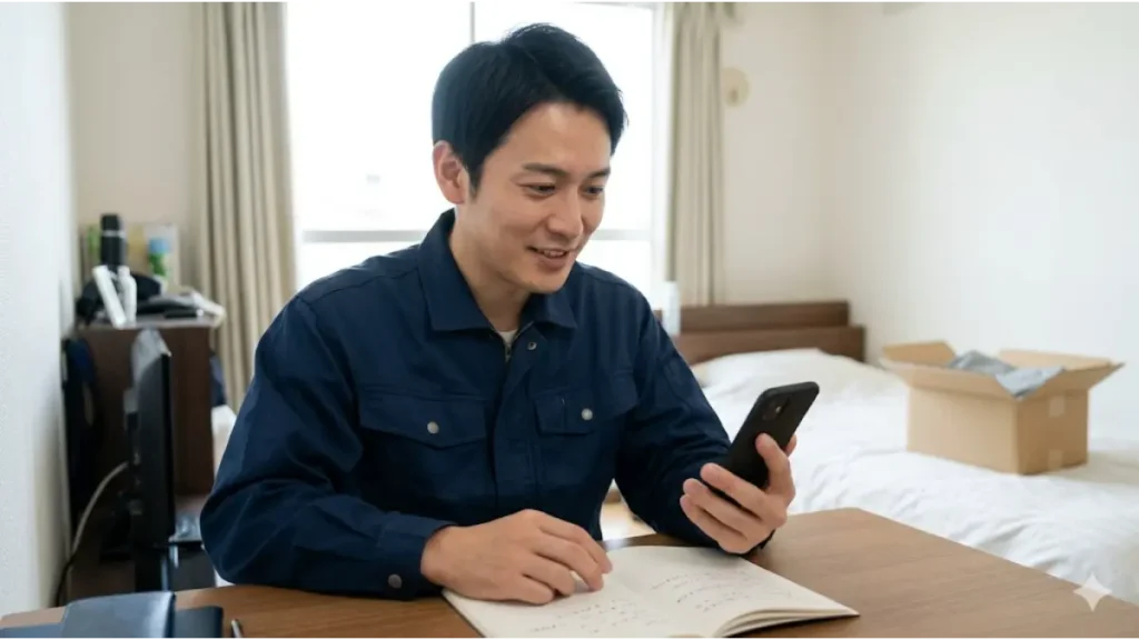寮費無料の求人相談窓口へ、真剣な表情でLINEを使って相談する誠実そうな日本人男性の様子