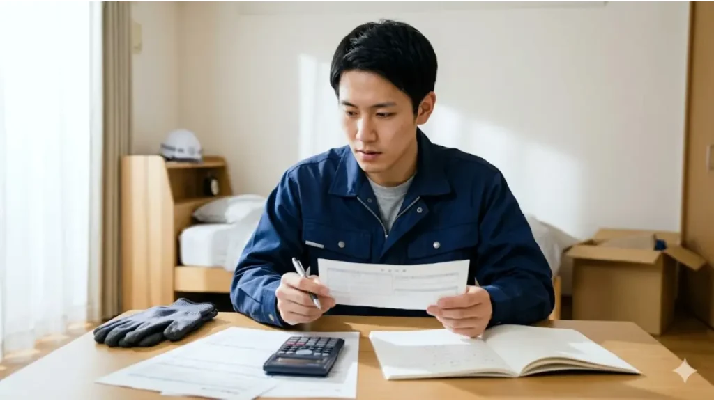 寮費無料の求人で提示された手取り額をシミュレーションするため、給与明細と電卓を使い、誠実な表情で真剣に計算する日本人作業員の様子