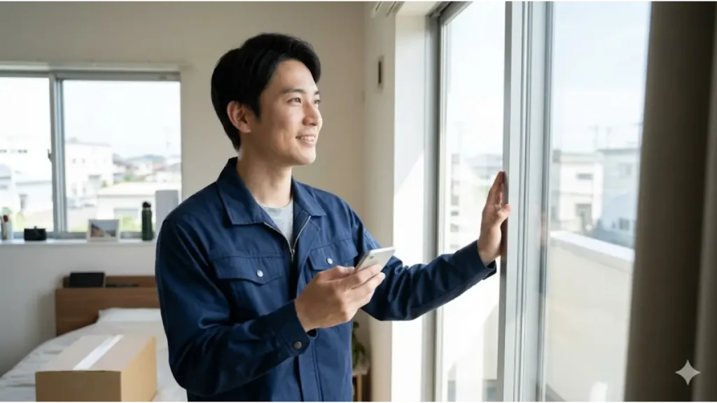 寮費無料の罠を回避する見分け方を実践し、清潔な社宅アパートで希望に満ちた表情で窓外を眺める日本人男性従業員の様子