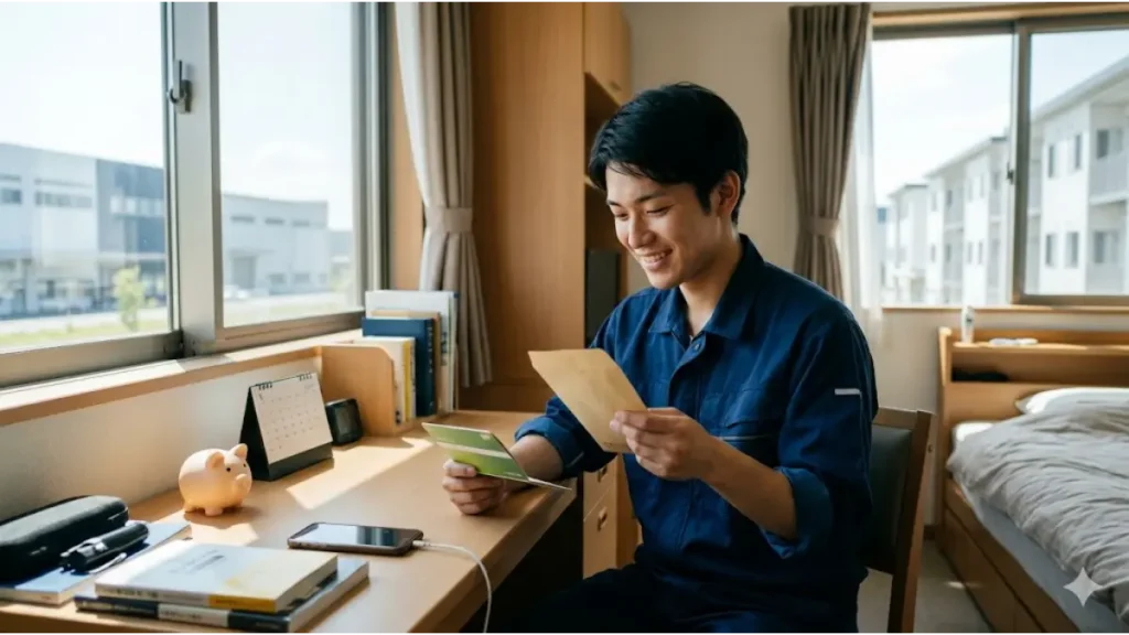 寮の自室で笑顔で給与明細と通帳を確認する誠実そうな日本人の若い男性作業員。窓の外には職場と他の寮の建物が見える。