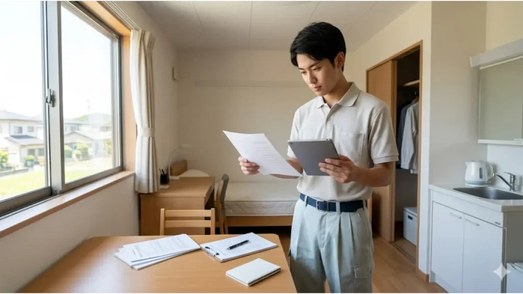 寮付き仕事を検討する誠実そうな若い日本人男性が、清潔で整頓された個室寮の内部で、求人資料とチェックリストを注意深く照らし合わせながら真剣に見比べる様子。ブラック寮を回避するための5つのチェックポイントを確認するシーン。16:9フォト。