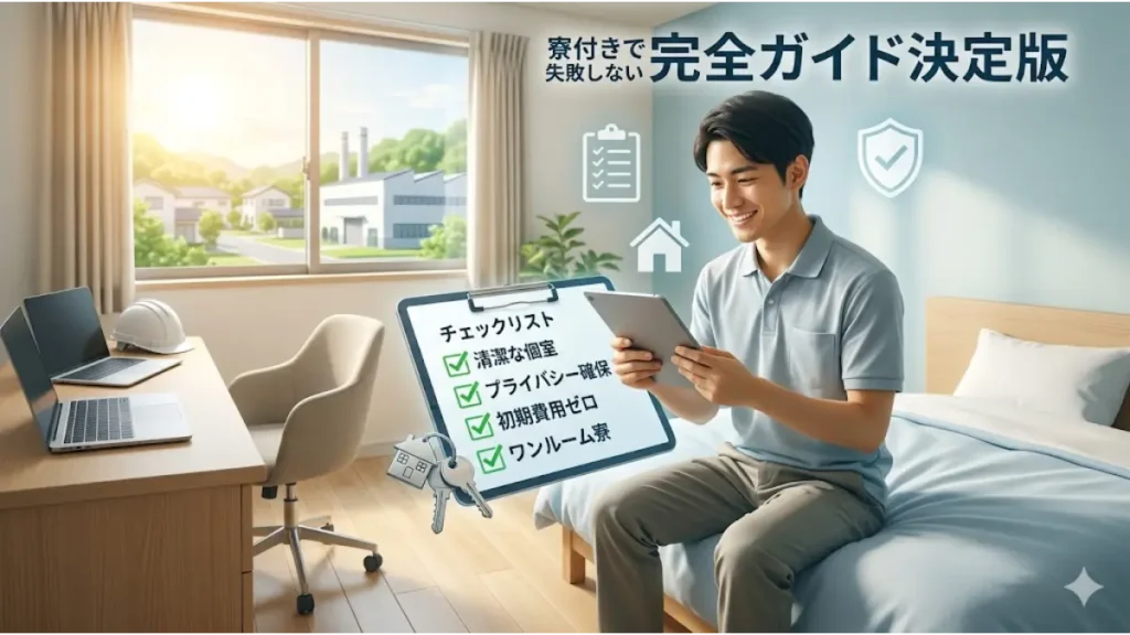 寮付きの仕事で失敗しないための完全ガイド。清潔な個室ワンルーム寮のベッドに座り、チェックリストを見ながらタブレットを笑顔で操作する男性のイラスト