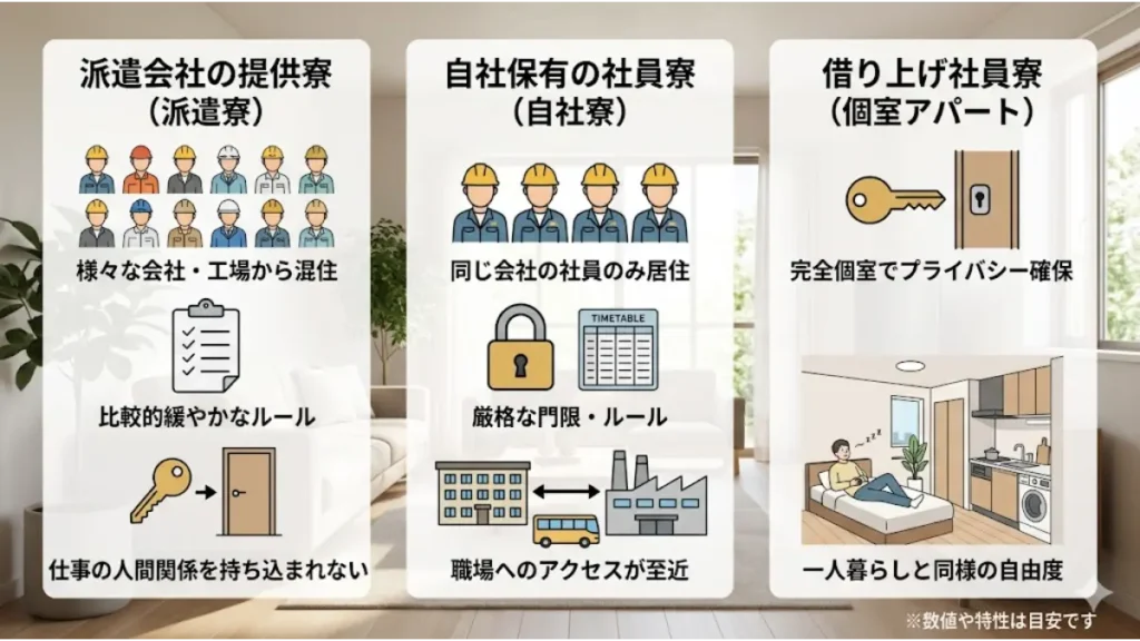 寮付きの仕事で失敗しないために知っておきたい、派遣寮・自社寮・借り上げ社員寮の3つの提供形態における特徴や人間関係、ルールの違いを比較した解説図解