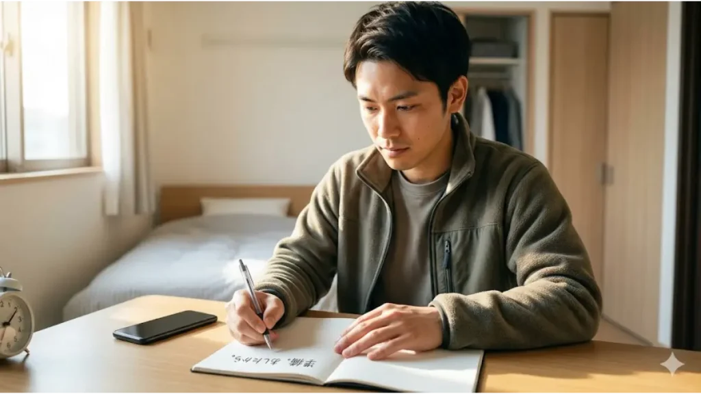 寮付きの仕事で失敗しないために、清潔な個室寮のデスクでノートを開き、求人票の条件や今日の実践すべき一歩を真剣に書き留める男性の様子