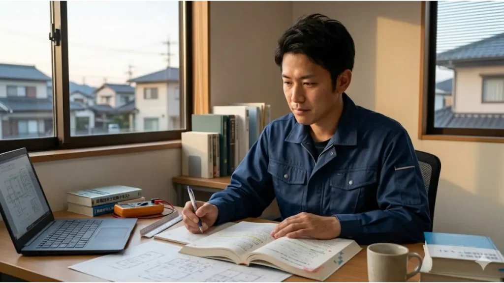 寮付きの仕事で失敗しないために、30代以降のキャリアを見据えて作業着姿の男性が自室のデスクで資格取得のための参考書や図面を広げ、真剣に勉強している様子