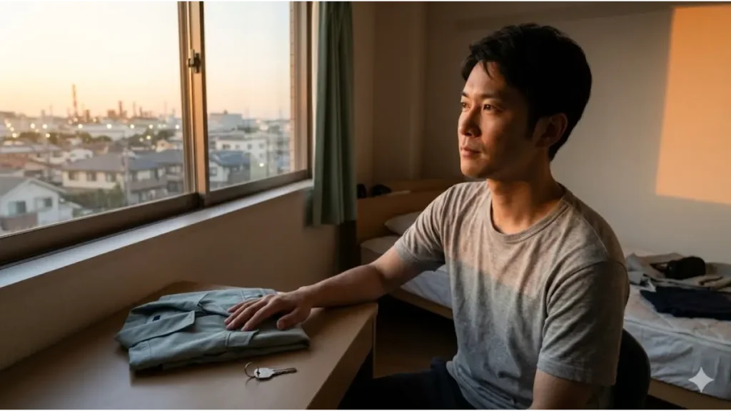 寮付きの仕事で失敗しないために、個室寮のデスクに置かれた作業服と鍵を見つめながら、窓の外に見える景色の先で生活の再建を誓う誠実な男性の姿