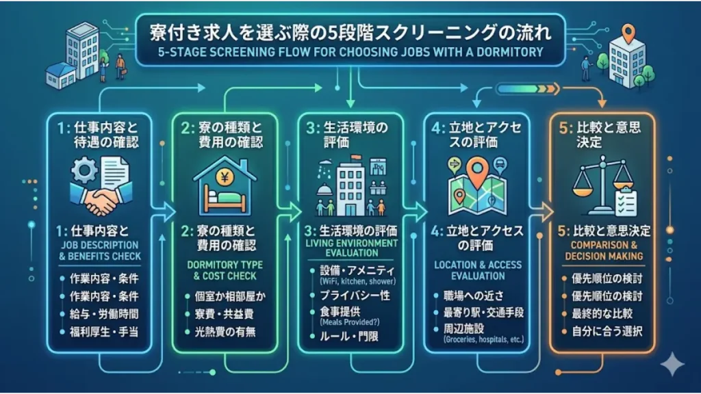 寮付きの仕事で失敗しないために重要な、契約条件の検証から実質手取りの計算、プライバシー空間、生活ルール、立地環境までを網羅した5段階スクリーニング手順の解説図解