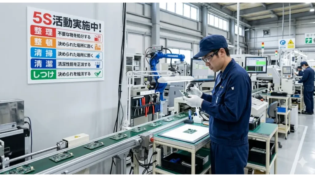 「最短即日 寮付き 派遣」で働く製造現場のリアルな風景。工場の製造ラインにて、清潔な環境で作業員が精密な検査を行っており、壁には安全と効率の基本である「5S(整理・整頓・清掃・清潔・しつけ)」のポスターが掲示されている様子。