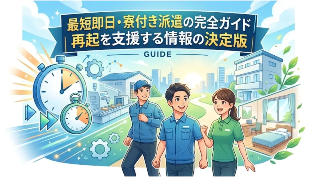「最短即日 寮付き 派遣」の完全ガイド。明るい未来へ歩み出す作業員、迅速さを象徴する時計、清潔な個室寮、そして工場と街並みをデザインした、再起を支援するアイキャッチ画像。
