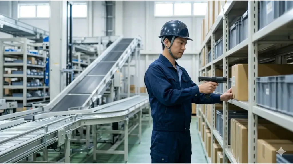 「最短即日 寮付き 派遣」として物流倉庫で働く日本人男性が、ハンディターミナルを使用して荷物の検品作業を行う様子。慢性的な人手不足が続く製造・物流業界において、デジタル化が進む現場での作業風景を通じて、業界の将来性と誠実に働く人材の重要性を表現している。
