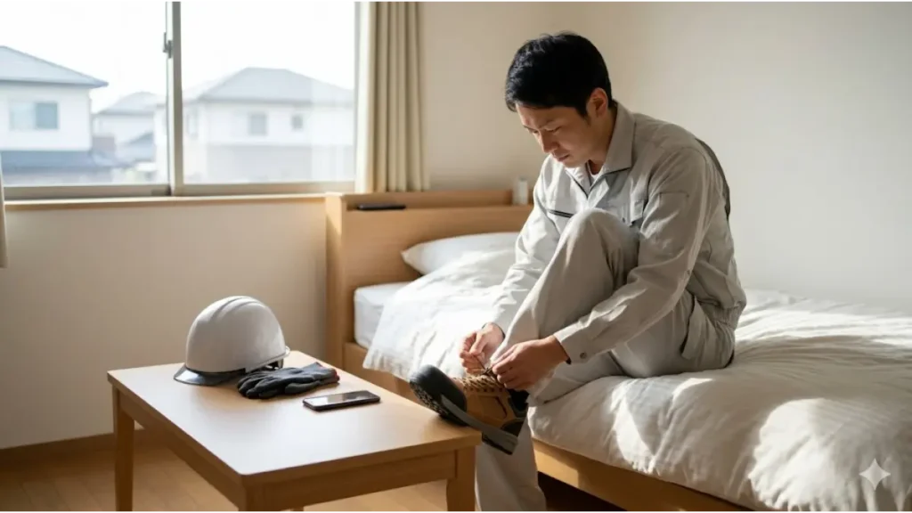 「最短即日 寮付き 派遣」という選択を「再起のプラットフォーム」とし、生活を立て直した日本人男性が寮の部屋で仕事へ向かう準備を整えている様子。