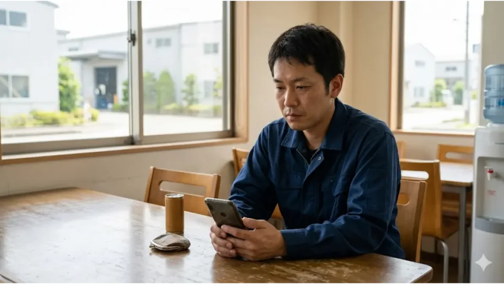 「最短即日 寮付き 派遣」を検討し、深刻な表情でスマートフォンを見つめる作業着姿の日本人男性。突発的な失業や住居の喪失といった切実な事情を背景に、将来への不安を抱えるユーザーのリアルな心理描写。