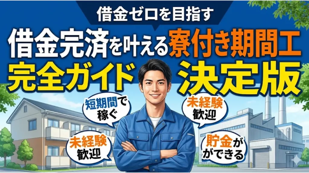 借金完済を目指す男性作業員と寮付き工場のアイキャッチ画像。タイトル「借金完済を叶える寮付き期間工完全ガイド決定版」と、「短期間で稼ぐ」「住む場所無料」のメリットアイコン。