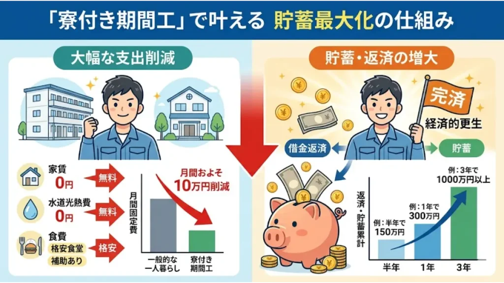 寮付き期間工の生活費削減による貯蓄最大化と借金完済の仕組みを解説した図解。家賃や水道光熱費無料による大幅な支出削減と、経過期間ごとの返済・貯蓄累計額の増加を示すグラフの比較。