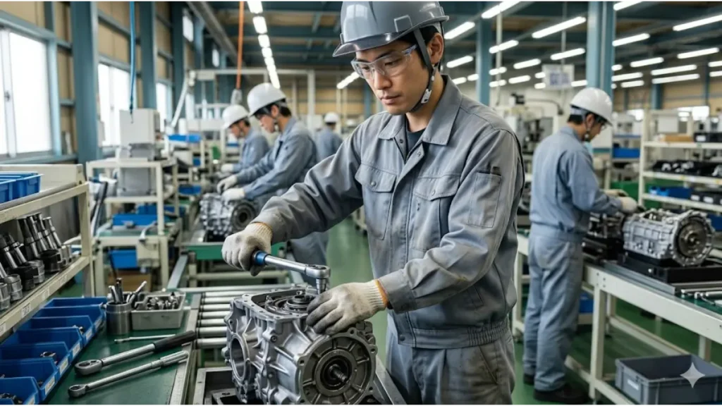 期間工の将来的な出口戦略となる、現場で培われる確かな技術（スキル）を誠実に体現する日本人作業員。自動車部品の組み立て作業における真剣な眼差しと、整理整頓された職場環境、正確な工具さばきをリアルに描写。
