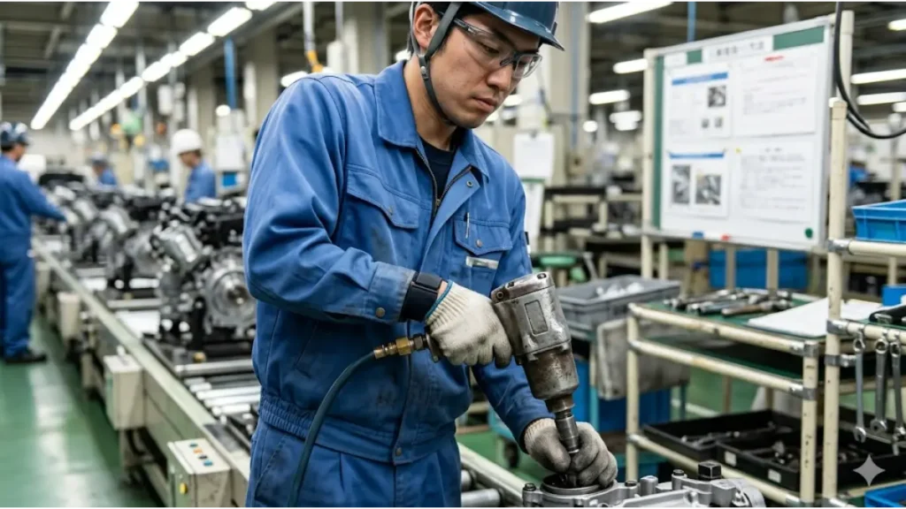 日本の製造現場で期間工がインパクトレンチを真剣に操作する手元。手に巻かれたサポーターと集中した表情が現場の厳しい労働環境と専門用語（タクトタイム、職業病＝ばね指）への対応を暗示。