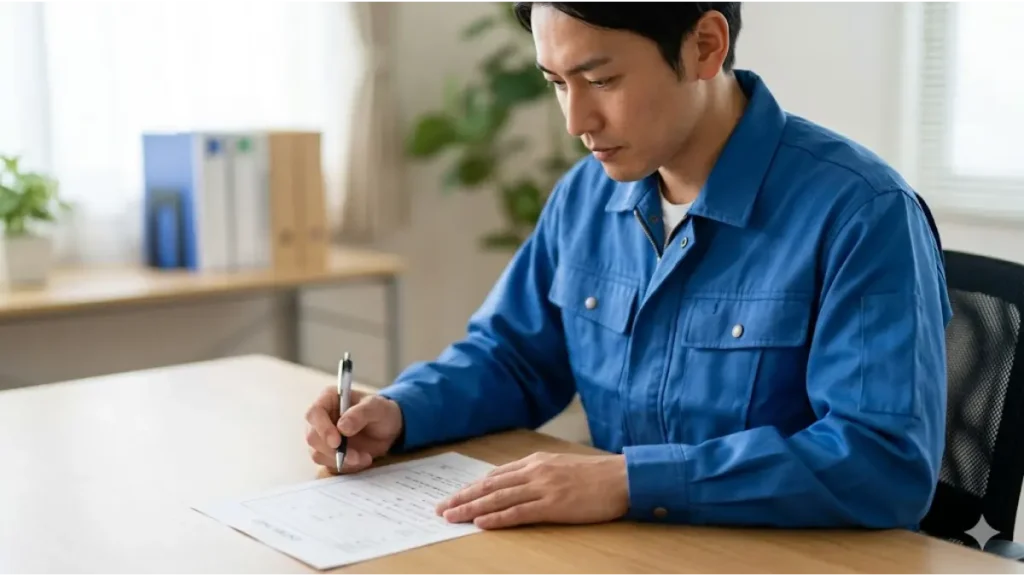 借金やブラックリストの状態でも誠実に採用選考に臨む日本人男性の手元。清潔な作業着で履歴書に手を添え、働く意志を伝える誠実な姿勢を描写。