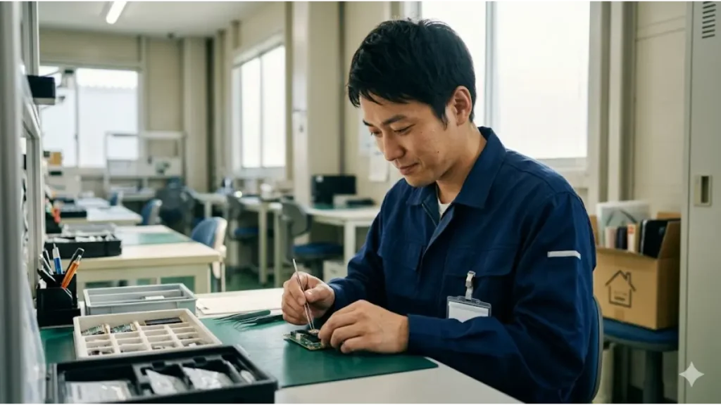 経済的に困窮していた男性が「即日サポート」を活用し、提供された清潔な紺色の作業着を着用して、日本の製造現場で真剣な表情で電子部品の組み立てに集中する様子。自然光で捉えた誠実でリアルな働く人の姿。