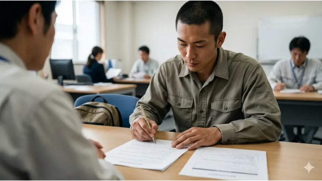 所持金0円・携帯停止・家なしから即日で立ち直るために、誠実な日本人男性が支援窓口で雇用と寮の申請書に署名する真剣な現場の様子。