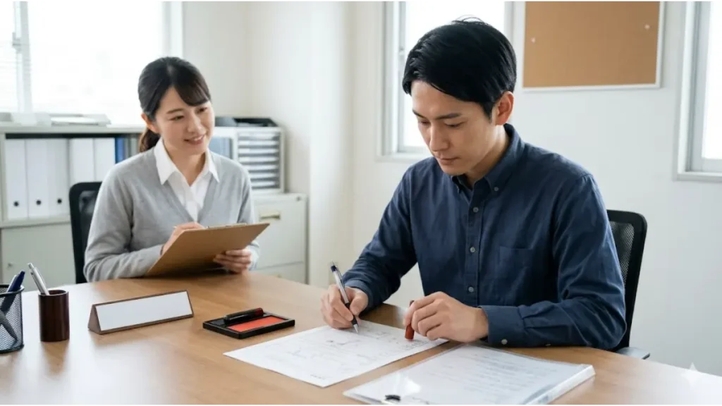 職歴なし30代の寮あり求人において、再起のための重要な一歩である住民票の異動や世帯主の申告といった法的・行政的手続きを、誠実な表情で書類に記入・捺印しながら進める日本人男性の様子。