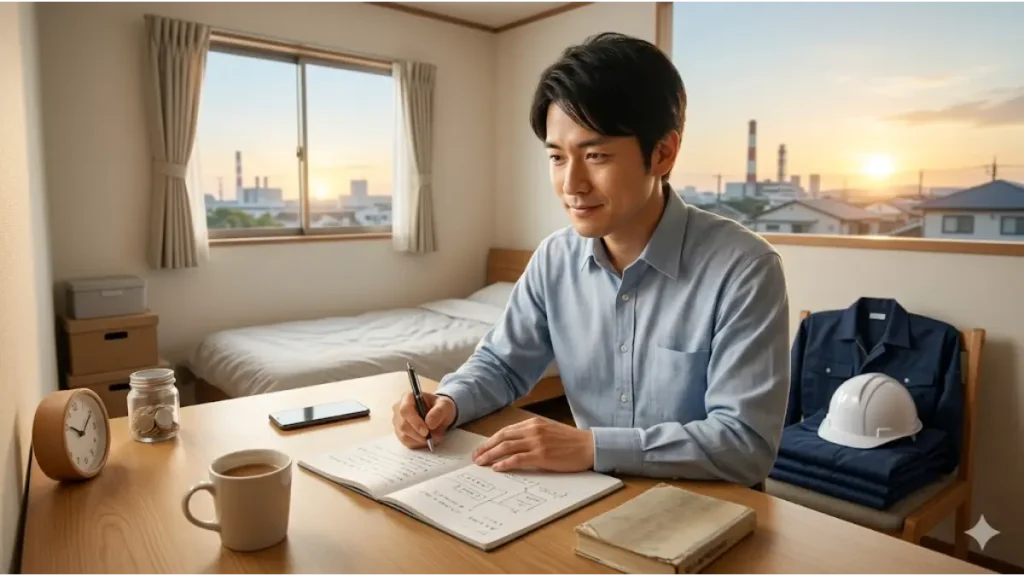 職歴なし30代の誠実な日本人男性が、整頓された寮の自室で、将来の計画を立てるためにノートとペンに向かっている様子。机の上には貯金箱、作業服、ヘルメットがあり、窓の外には夕日が沈む工業地帯と街並みが見え、未来への希望を描いている。