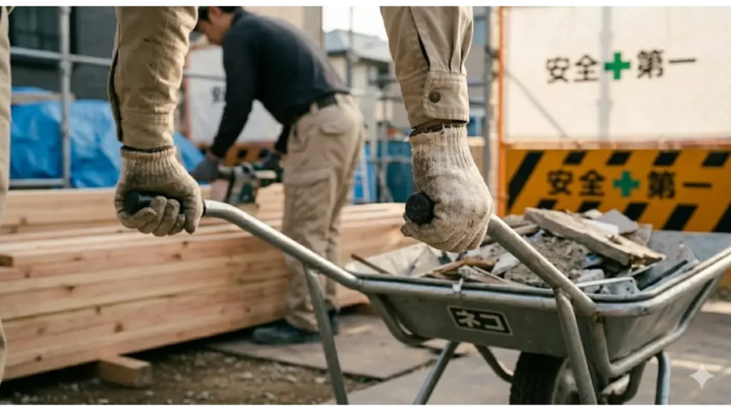 建設現場で、手押し一輪車(ネコ)を使って資材を運搬する、元今夜寝る場所がない男性の手元のアップ。