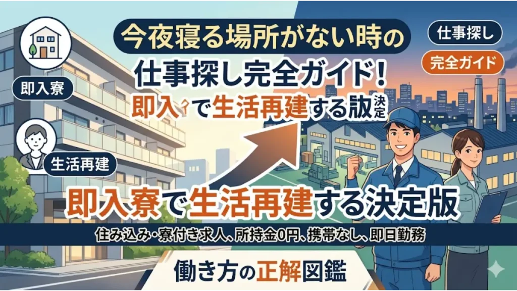 「今夜寝る場所がない 仕事」を探している方へ、即入寮可能な求人と生活再建の道筋を提示する完全ガイドのアイキャッチ画像。安心できる住まいと活気ある仕事現場、そして未来への希望を示す上昇矢印が描かれています。