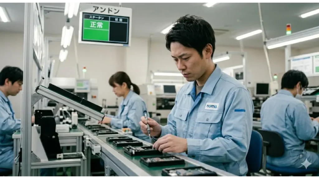 清潔な電子部品工場で、真剣な表情で製造ライン作業に取り組む、元今夜寝る場所がない男性の様子。