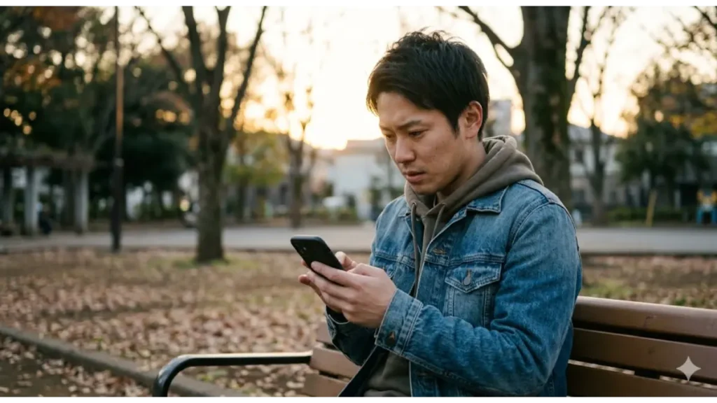 今夜寝る場所がない状況で、スマホを使って必死に住み込みの仕事を検索する男性の様子。