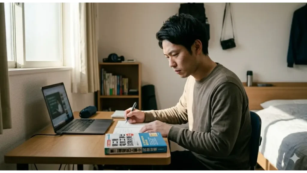 住み込みの仕事で生活基盤を確保した後、電気工事士の資格取得に向けて自室で真剣に勉強する、元今夜寝る場所がない男性の様子。
