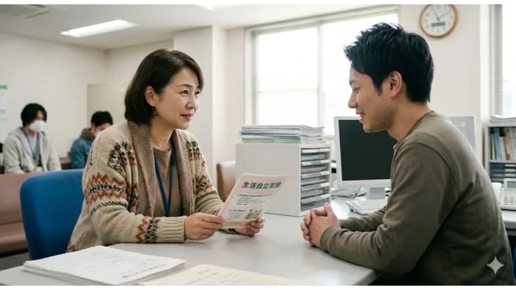 生活困窮者自立相談支援センターの窓口で、職員から温かい支援プランの提示を受ける、今夜寝る場所がない男性の様子。