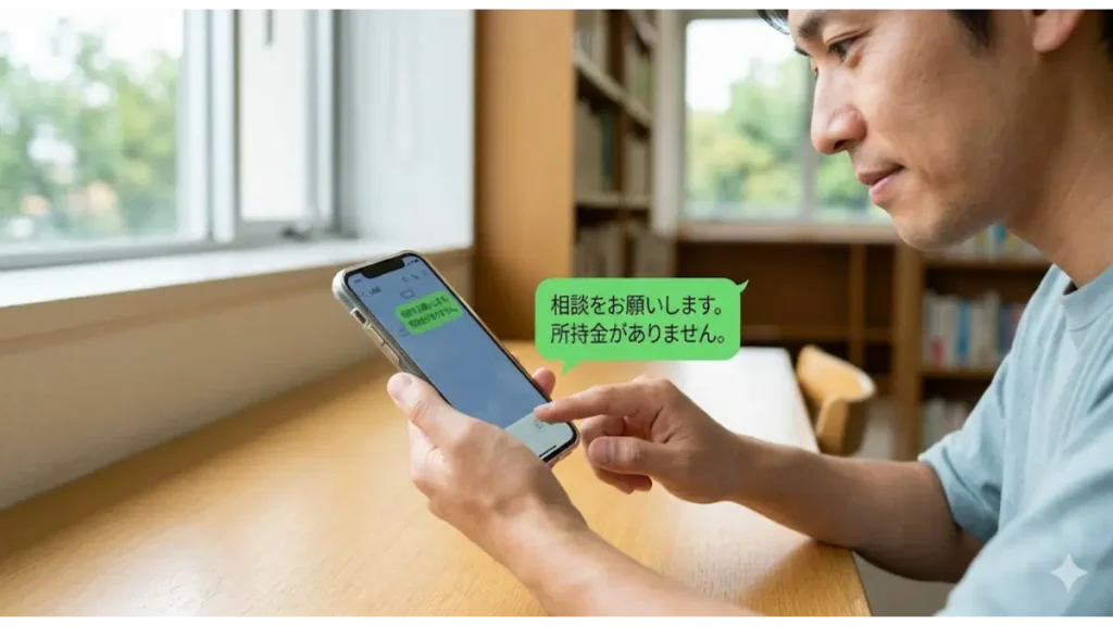 交通費がない 寮付き求人を探すため、無料Wi-Fiを使ってLINEで専門窓口に相談する様子