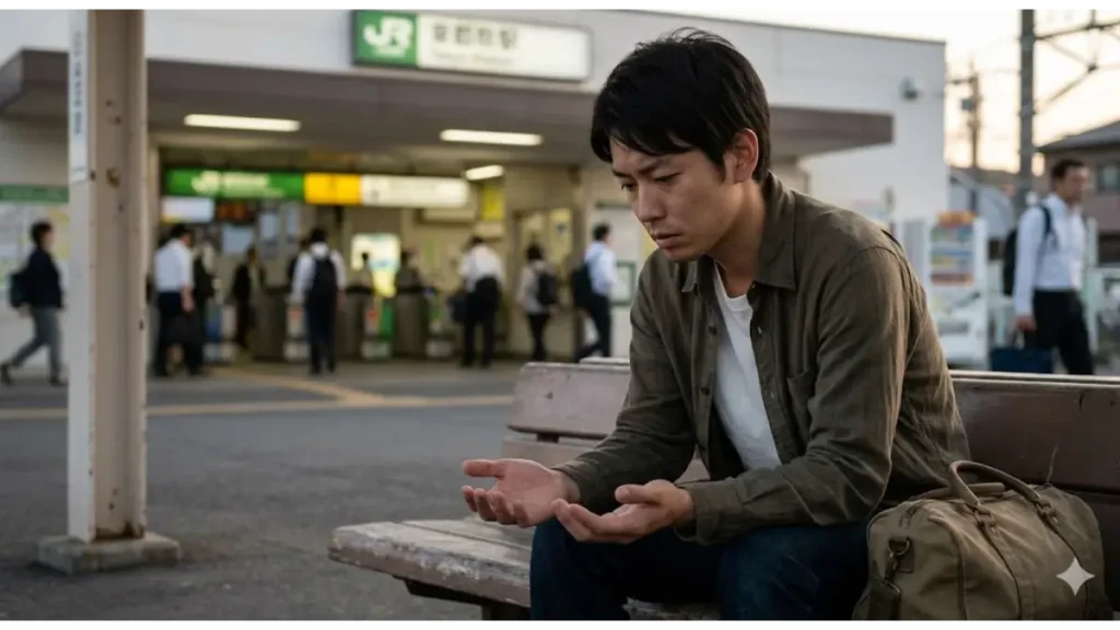 交通費がない 寮付き求人を求めて、駅前で途方に暮れる男性の様子