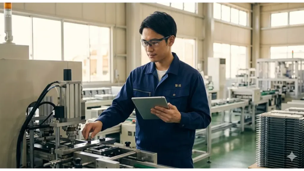 交通費がない 寮付き求人が多い製造業の現場で、タブレットを手に真剣に働く男性