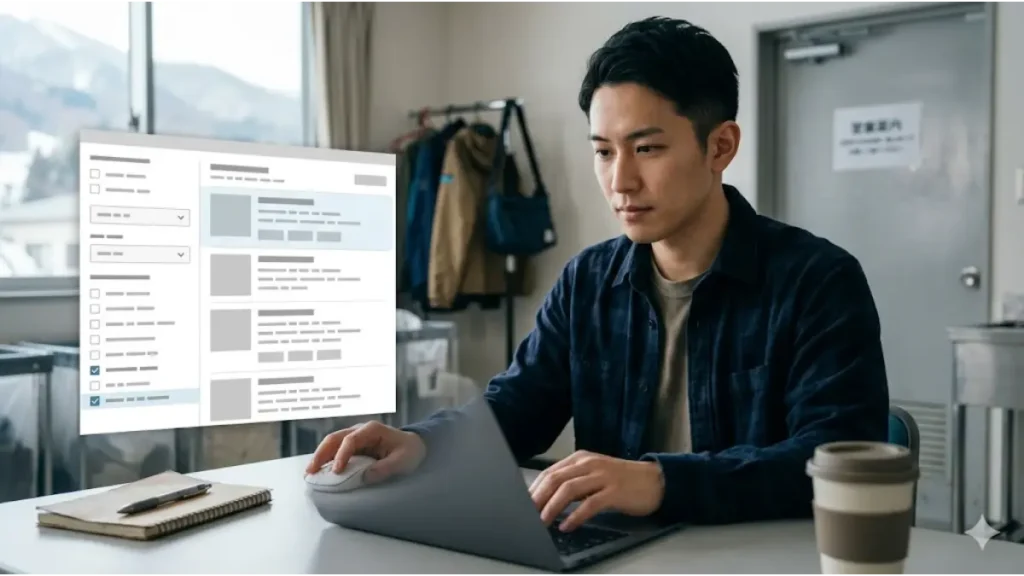 リゾートバイトの静かな寮の部屋で、誠実そうな日本人のスタッフがパソコンの求人検索画面を見つめ、裏方業務に絞った検索条件を選択して効率よく求人を探している様子。