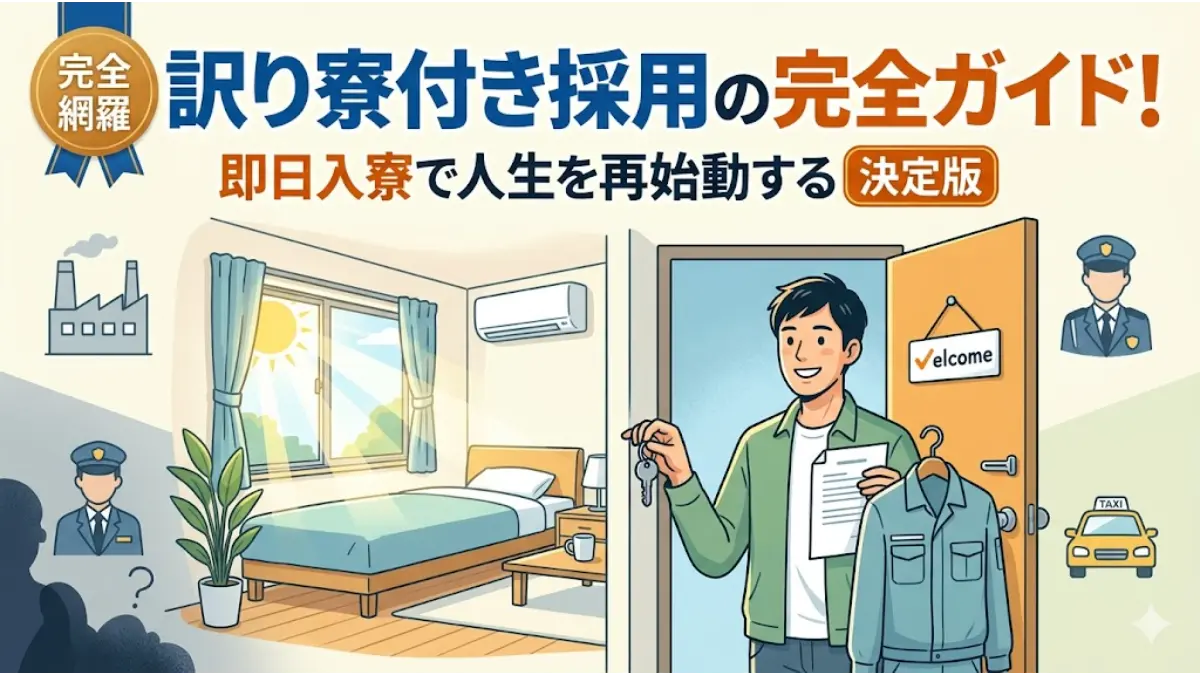 訳あり・寮付き採用の決定版ガイド。清潔な個室寮の鍵と作業着を手に、笑顔で人生を再始動させる男性のイラスト。