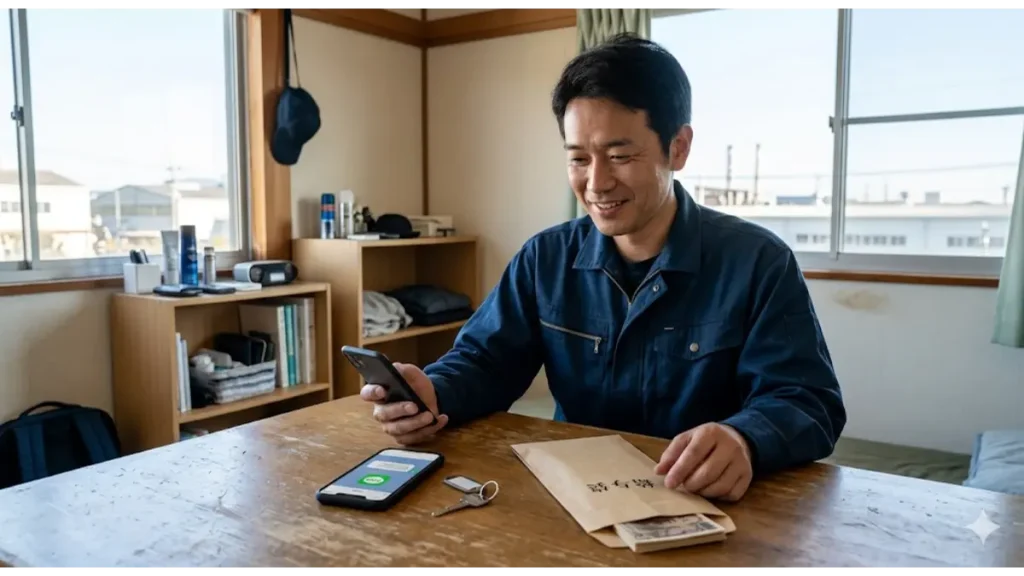 訳あり・寮付き採用で誠実な日本人男性が寮の自室でスマートフォン（LINE画面）を見ながら、テーブルに置かれた給与袋（封筒）を前に安心した表情をしている。