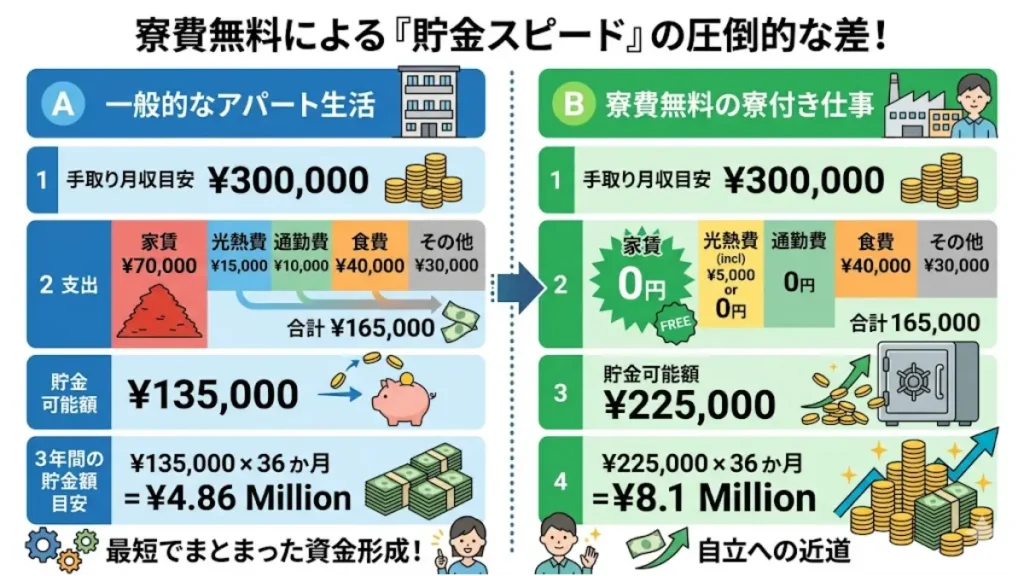 「訳あり 寮付き 採用」のメリットを視覚化した比較図。一般アパート生活（月13.5万円貯金）と寮費無料の仕事（月22.5万円貯金）を比較し、3年間で貯金額に約320万円の差が出る仕組みを示す図解。