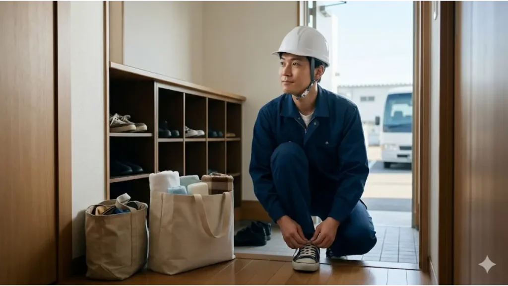 訳あり・寮付き採用で、所持金0円・住居なしの状態から、清潔な作業服と寮が提供され、未来へ向かう誠実な日本人男性の赴任の瞬間。