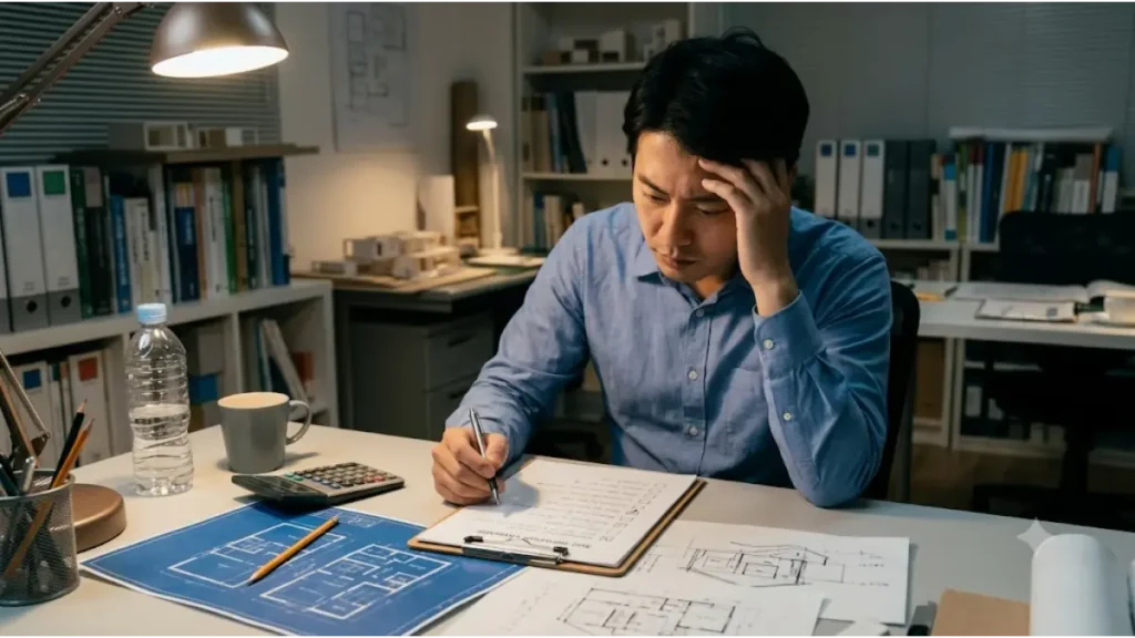 建築設計の2級建築士が夜のオフィスで年収の限界や職場環境のセルフチェックシートを記入して悩んでいるイメージ画像